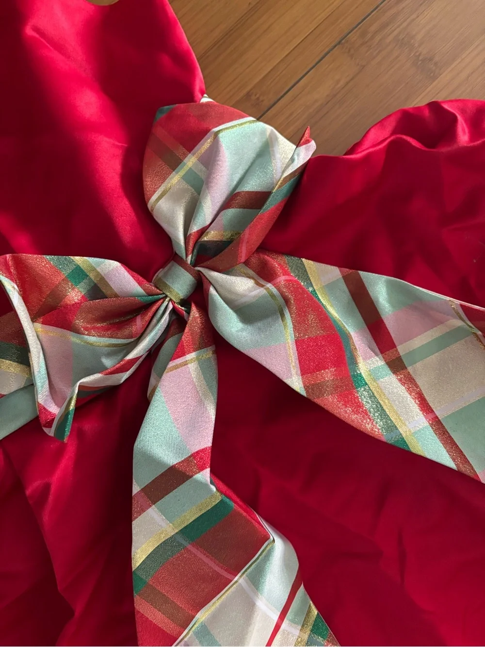 Rare Editions Red Satin Dress with Plaid Bow and Hem